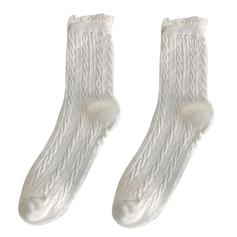 

Женские осенние вязаные короткие носки, простые однотонные хлопковые Чулочные изделия средней длины в стиле "Лолита" с оборками и оборками