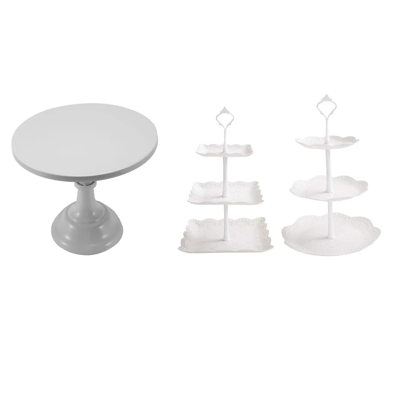 

1x Metal Iron Cake Stand Round Pedestal Dessert Holder Cupcake Display Rack & 2 Set 3-Tier White Dessert Cake Stand