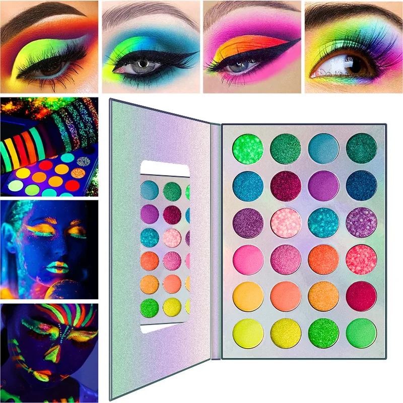 24 Colors Glow Eyeshadow Stage Clubbing Neon Makeup Kit Blacklight UV Glow In The Dark Fluorescent Eye shadow make up palette