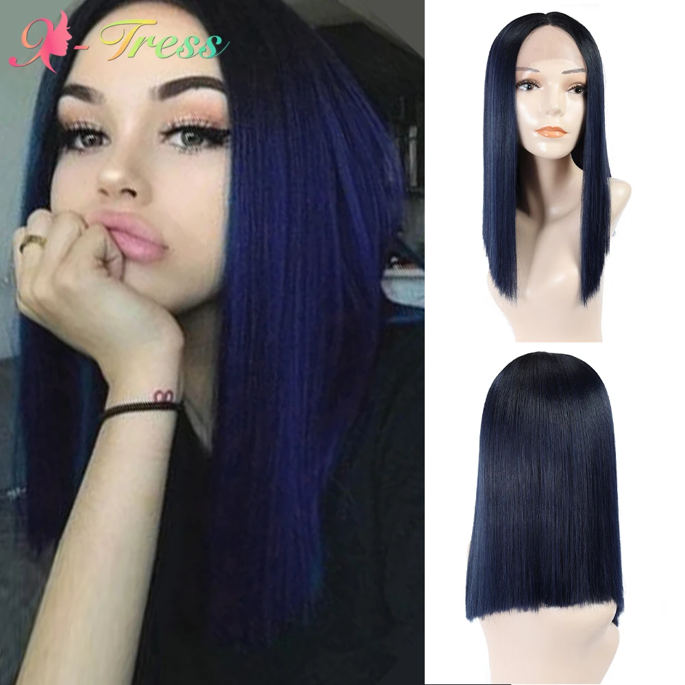 Yaki Straight Short Bob Wig Ombre Blue Synthetic Lace Wigs For Black Women Shoulder Length Blunt Cut Hair Heat Resistant X-TRESS