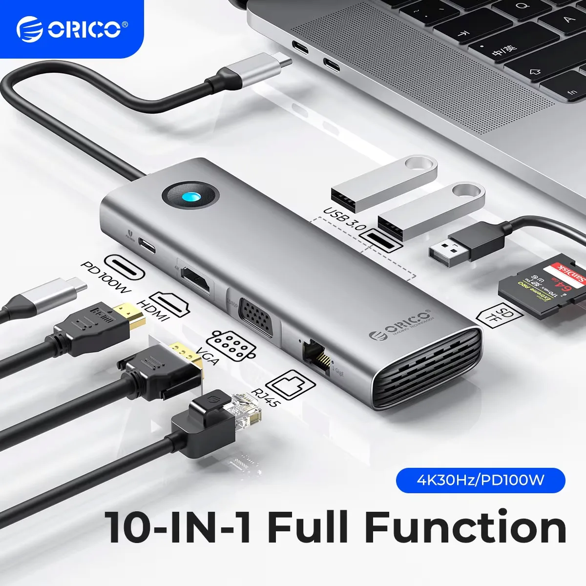 Фото ORICO 5 Гбит/с USB C-концентратор 4K60 Гц Type-C к HDMI RJ45 PD100W SD и TF USB-адаптер для iPad Macbook Аксессуары для ноутбуков Док-станция №1