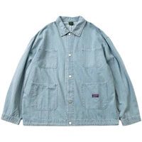 autumn winter japan style mens wash used multi pocket striped denim jacket youth loose light blue single breasted coat outwear