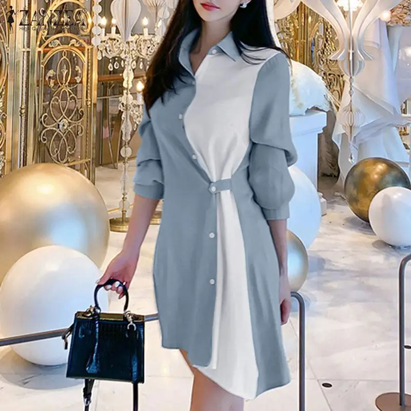 

Spring Lapel Neck Long Sleeve Sundress Elegant Office Lady Shirt Dress ZANZEA Women Mini Dress Casual Patchwork Work Vestidos