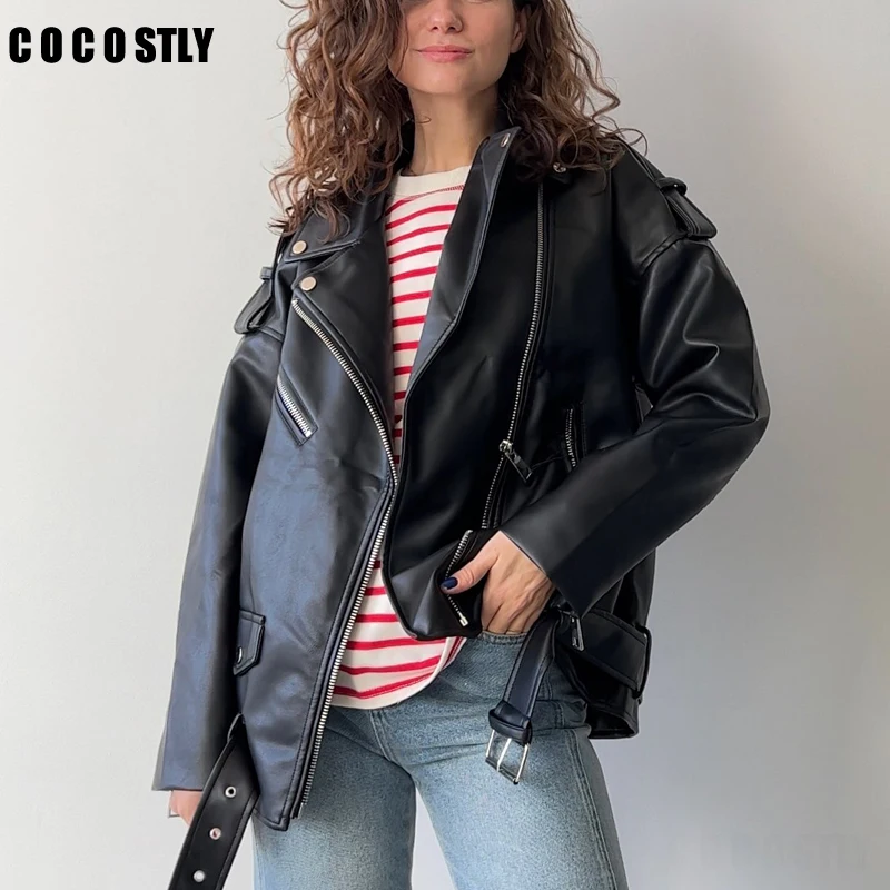 2023 Spring New Fashion Women PU Imitation Leather Loose Motorcycle Jacket Zipper Belt Pocket Solid Casual Coat's Tops Female