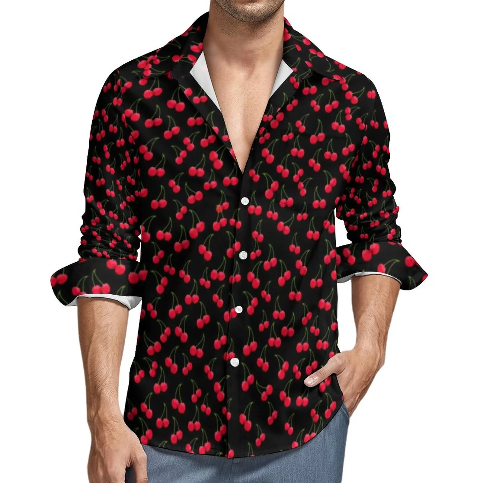 

Cherry Jubilee Casual Shirts Male Red Fruit Print Shirt Long Sleeve Fashion Y2K Blouses Autumn Custom Clothing Plus Size 4XL
