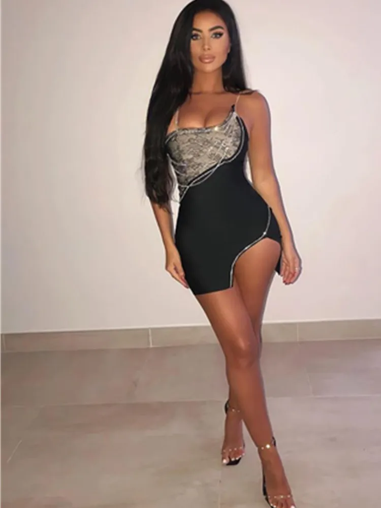 

Женское облегающее мини-платье на бретелях, Черное Кружевное Платье из вискозы с цепочкой и стразами, платье для празднования дня рождения, ...