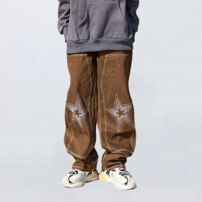 

Four Seasons Men's Jeans Fashion Street Hip Hop Straight Patches Loose Versatile Solid Color Wide Leg Pants Street Men Clothing