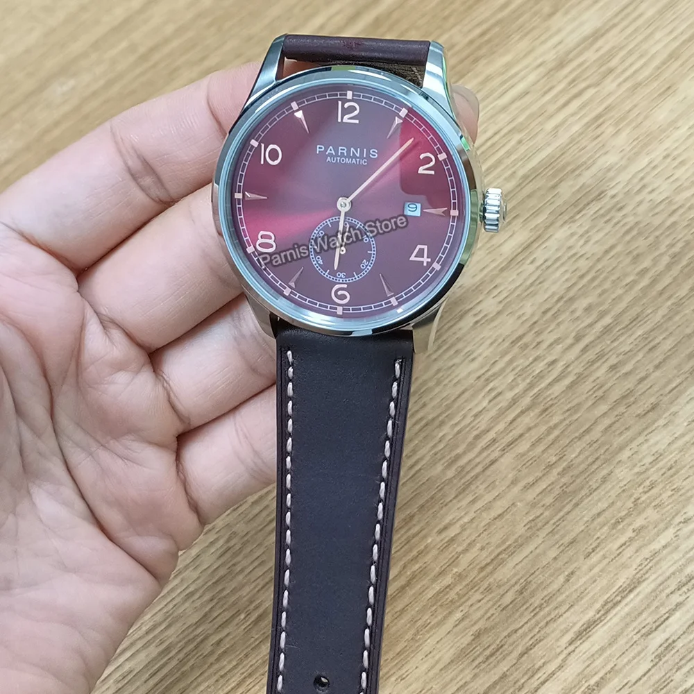 Мужские часы Parnis 41 5 мм с автоматическим механизмом красным циферблатом