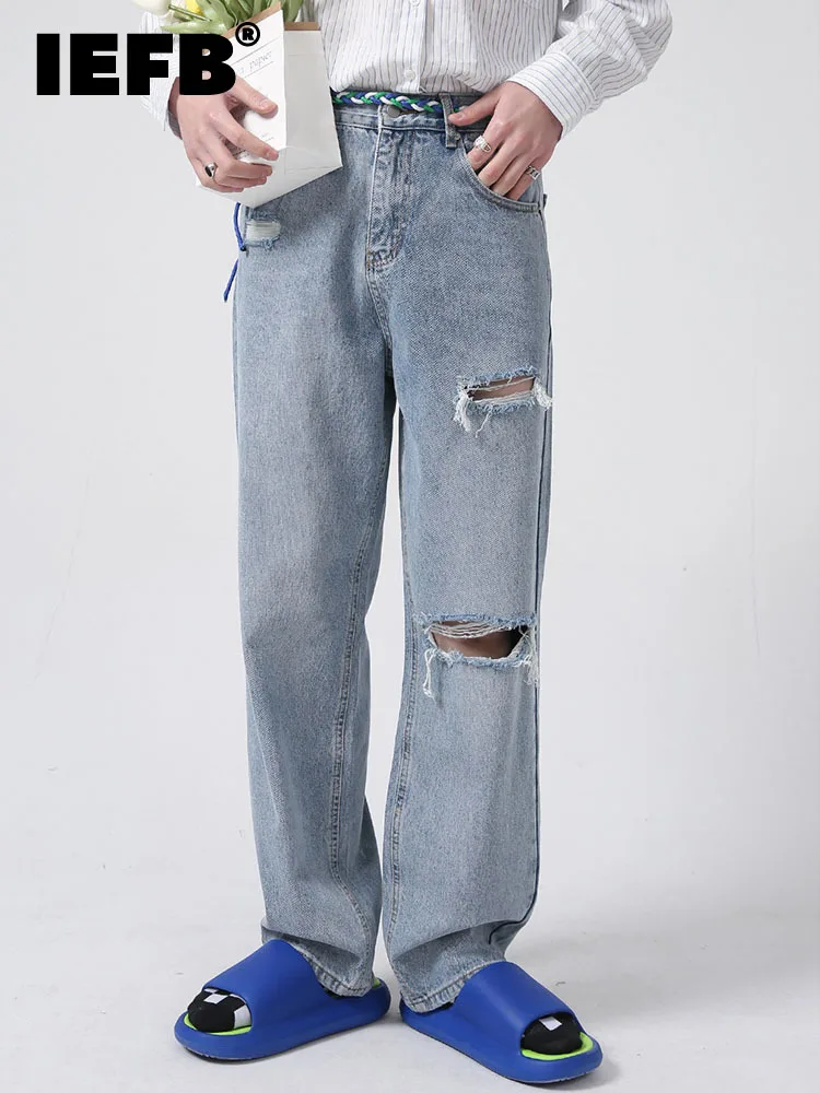 

IEFB Personality Straight Tube Hole Jeans Solid Color Simple Menswear 2022 Spring New Korean Style Fashion Casual 9A1959