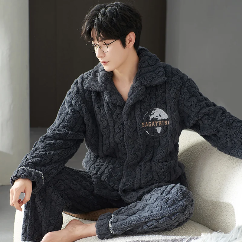 QUHENG Newest Flannel Men's Winter Thicken Warm Pajamas Sets Male Long Sleeve Trousers Autumn Nightgown Sleepwear Home Clothing