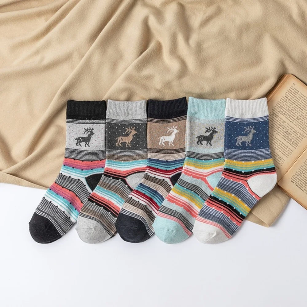 2022 Autumn and Winter New Thicken Warm Rabbit Wool Socks Ethnic Style Colorful Christmas Gifts Striped Deer Casual Women Socks
