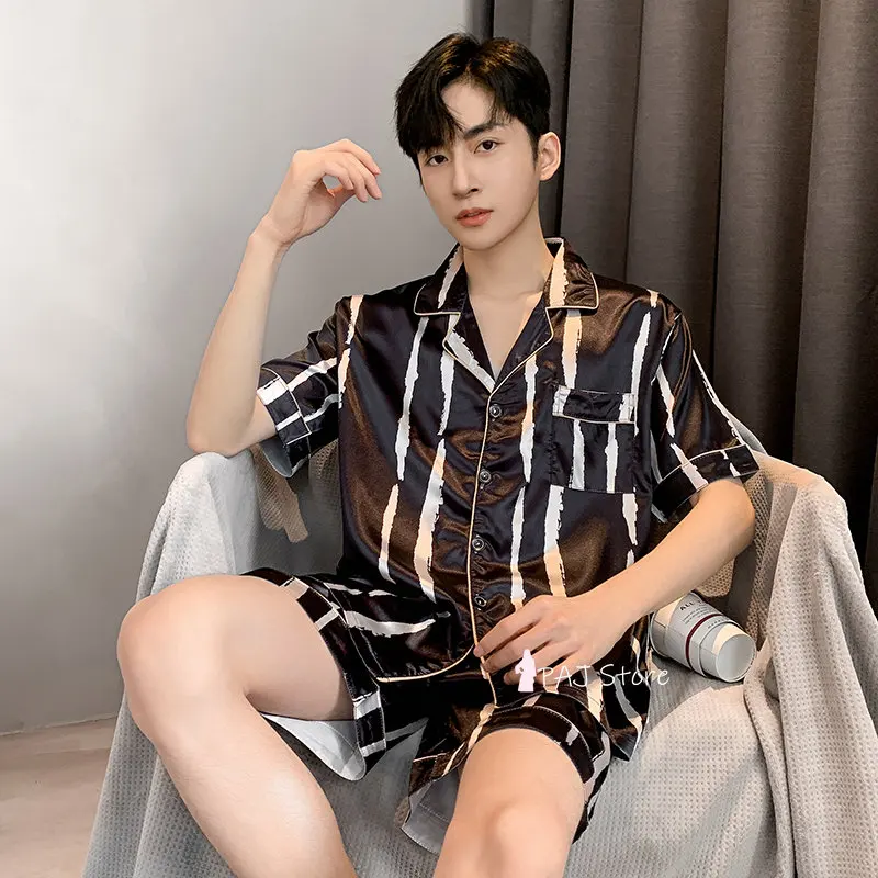 Men Pajama Sets Silk Satin Pijama Turn-down Collar Sleepwear Short Sleeve Spring Nightwear 2 Pieces Sets Homewear L-5XL