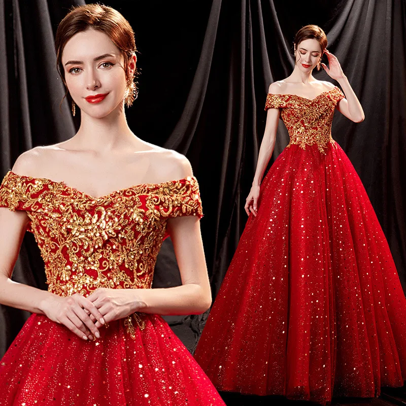 

Spring Brilliant Gilded Red Bridal Wedding toast Solo Stage Performance Evening Dress