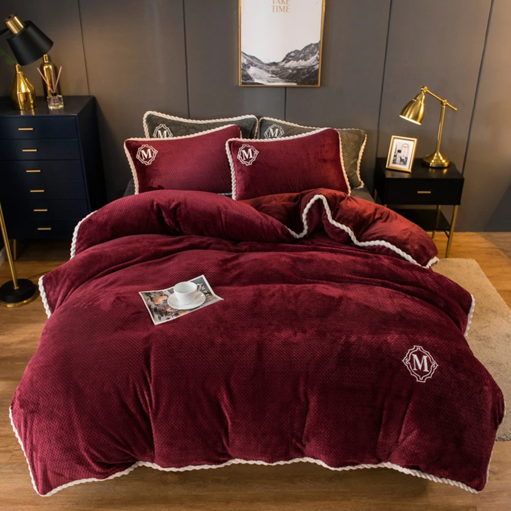 

Wine Red Winter Flannel Quilt Cover Soft Worm Coral Fleece Comforter Cover 1pcs Thickening Warm Duvet Bedding Cover