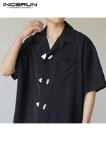korean style mens horn button short sleeved blouse casual male solid comfortable all match button shirt s 5xl incerun tops 2022