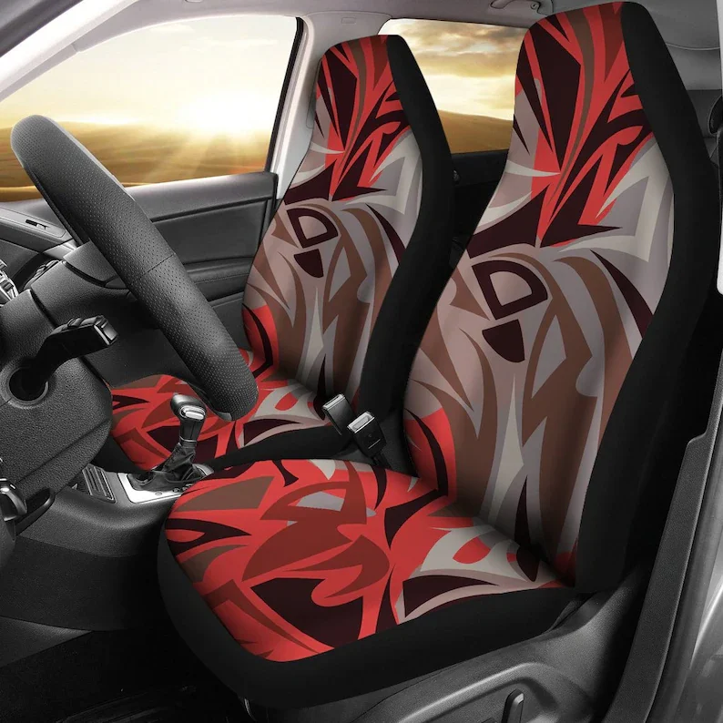 

Red Grey Black Tribal Abstract Art Car Seat Covers Pair, 2 Front Seat Covers, Car Seat Protector, Car Accessories