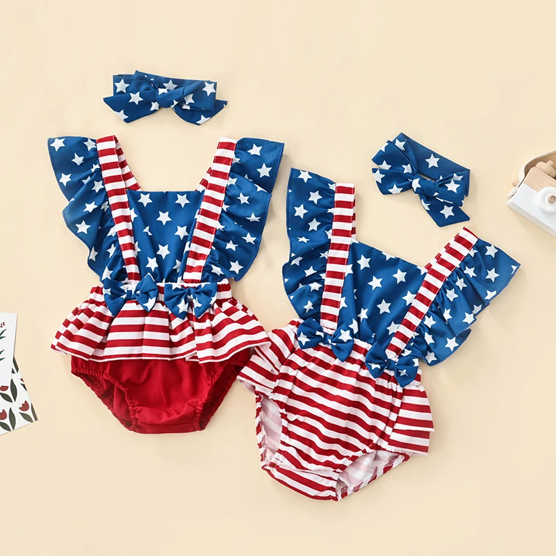 

Newborn Baby Summer 4th of July Clothes for Girls Boys Flying Sleeve Bodysuit Star Pattern Romper Independence Day Outfits 0-18M