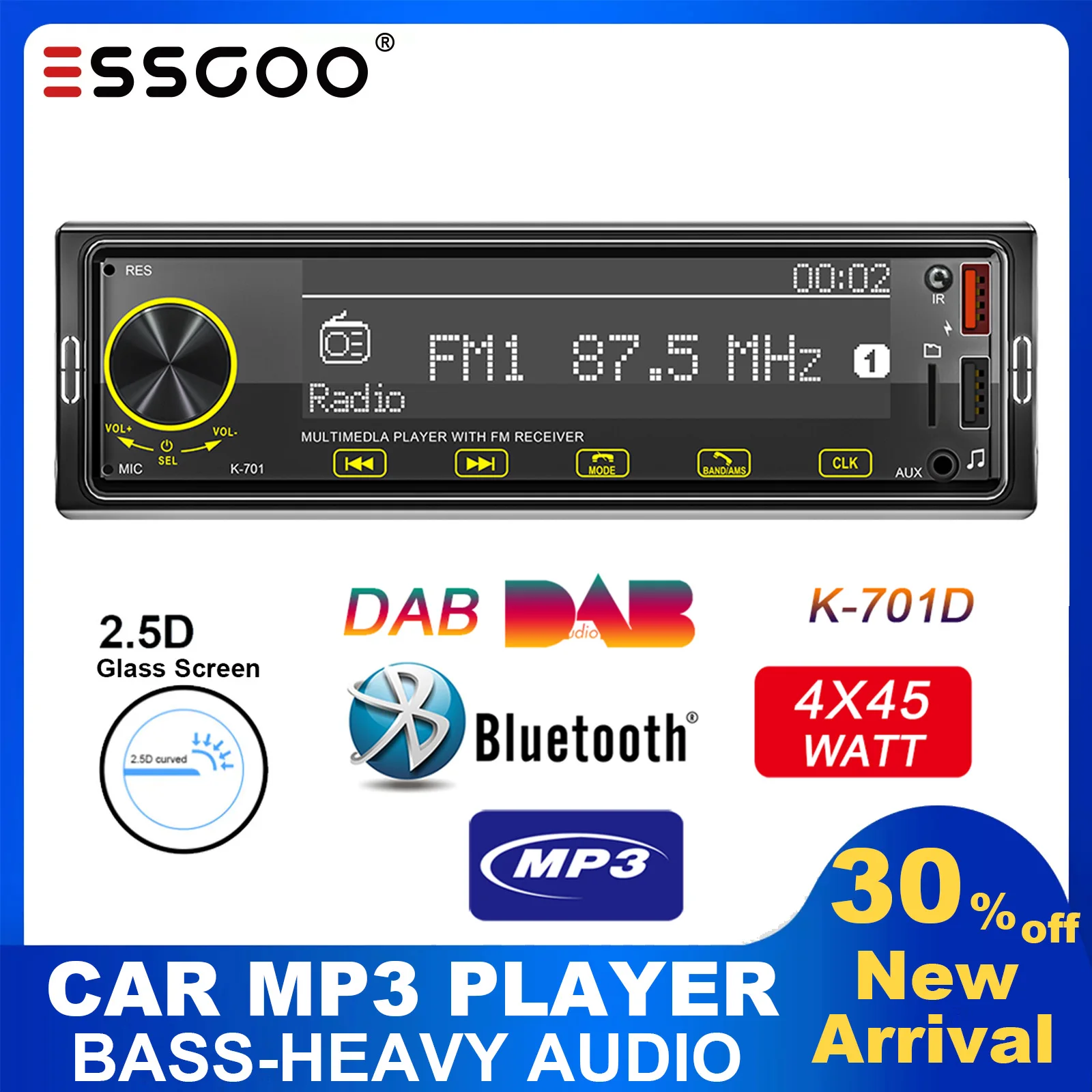 

ESSGOO Universal 1 Din Car Stereo MP3 Player 2.5D Full Touch Button DAB AUX AM FM Radio Shocking Sound Bluetooth Car Autoradio