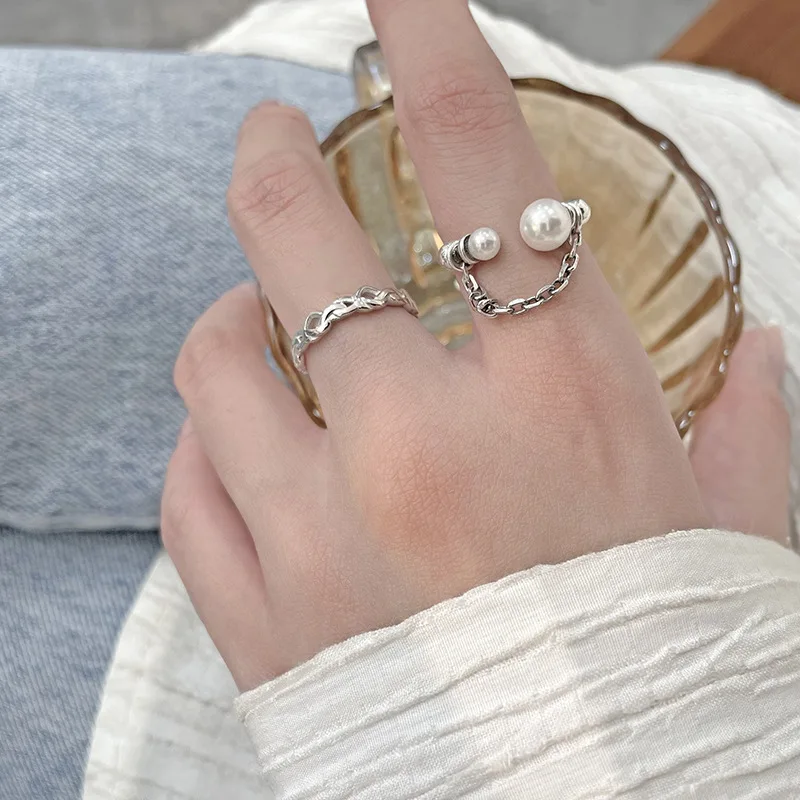 

S925 Sterling Silver Pearl Chain Ring Female Wild Love Open Ring Rings for Women Engagement