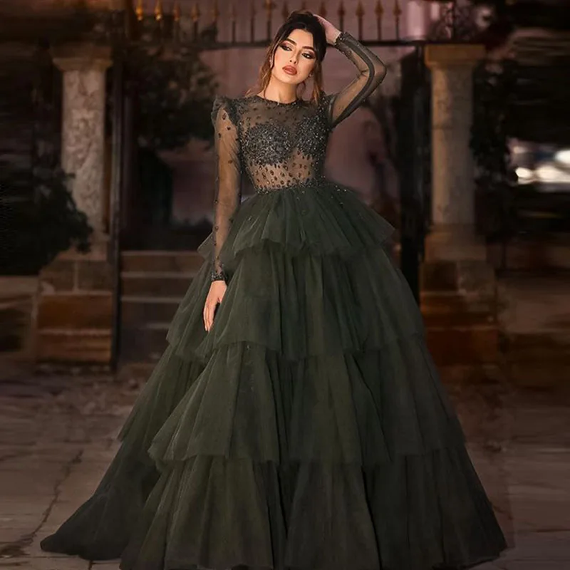 

GUXQD Modern Green Tulle Tiered Ball Gown Long Evening Dress Sparkly Crystals Beadings Prom Gown Custom Special Occasion Dresses