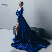 layout niceb velour royal blue evening dresses square collar woman party night gowns with sweep train for women long sleeves