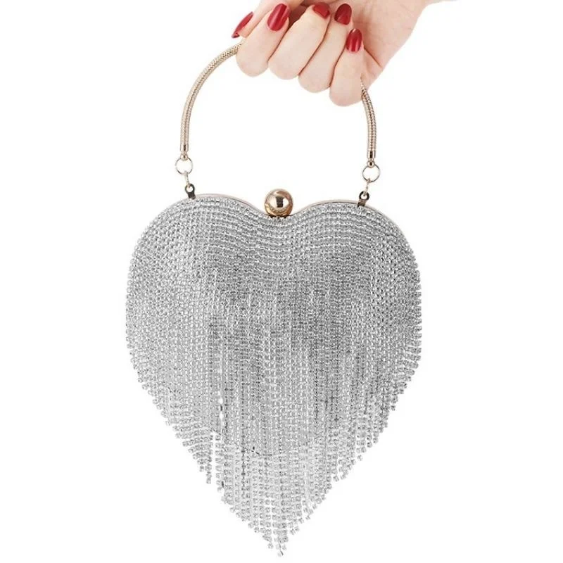 

Rhinestone Evening Bag Heart Pattern Silver Clutch Womens Diamond Banquet Clutch And Purse Wedding Bridal Prom Wallets