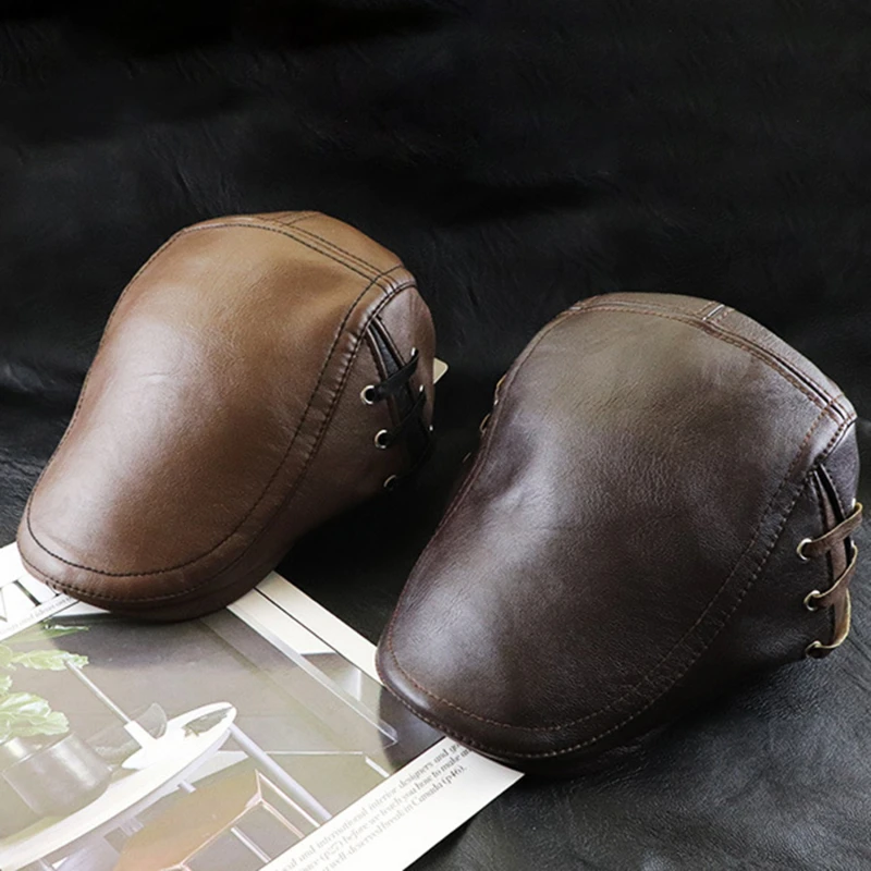

New Trendy Leather Men Cap Personalized Piercing Straps Wild Cap Fashion Hat Male Street PU Solid Coffee Black Hats