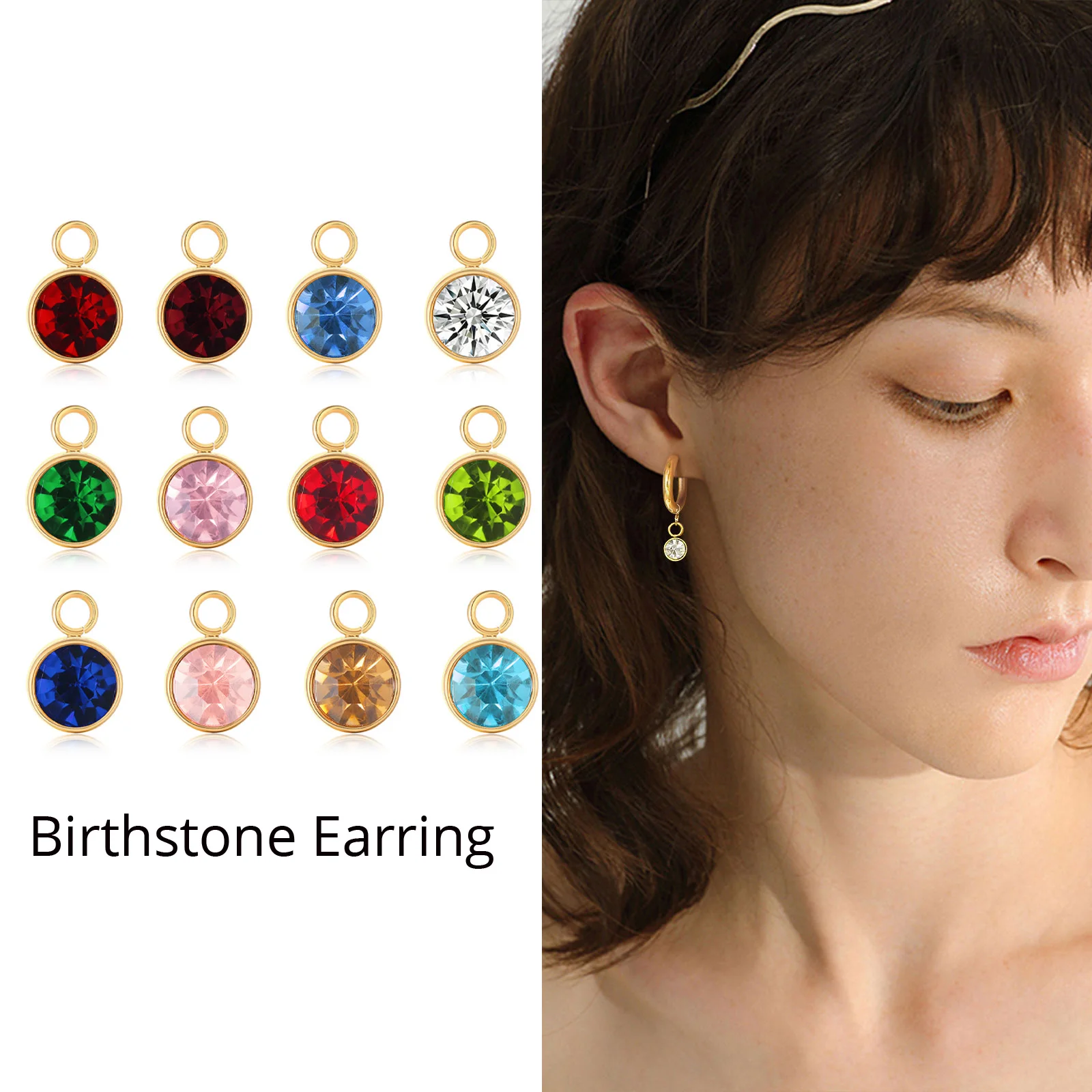 Birthstone Hoop Earring for Women Charm Dangle Stainless Steel Minimalist Jewelry | Earrings