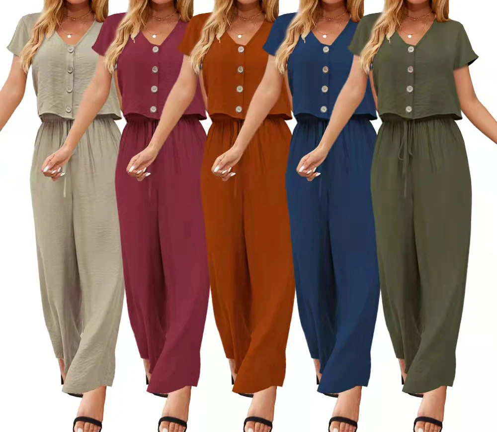 

Женский летний комплект, модный однотонный новый топ с коротким рукавом и пуговицами, свободные брюки с галстуком, повседневный комплект