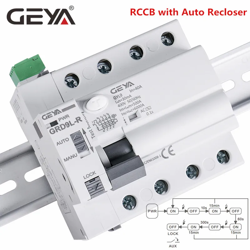 

GRD9L-R Auto Reclosing Device Circuit Breaker 4P 40A 63A 30mA 100mA 300mA RCD 6KA ELCB RCCB GEYA
