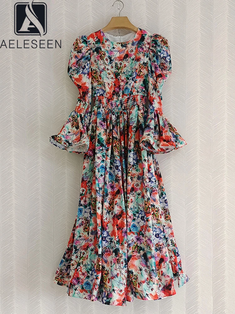 

AELESEEN Women Spring Summer Sicilian Dress Runway Fashion Ruffles Colorful Flower Print Flare Sleeve Long Party Vacation