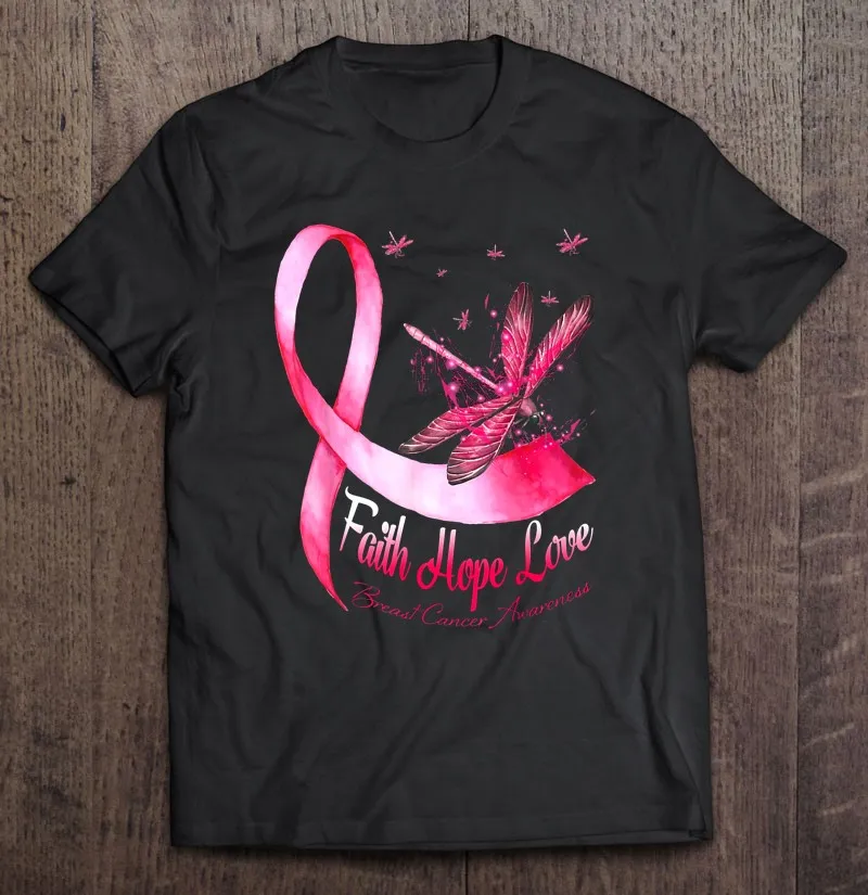 

Футболка унисекс для мальчиков, рубашка с принтом в виде стрекозы, рака груди, розовая лента, надпись «Faith Hope Love», лето