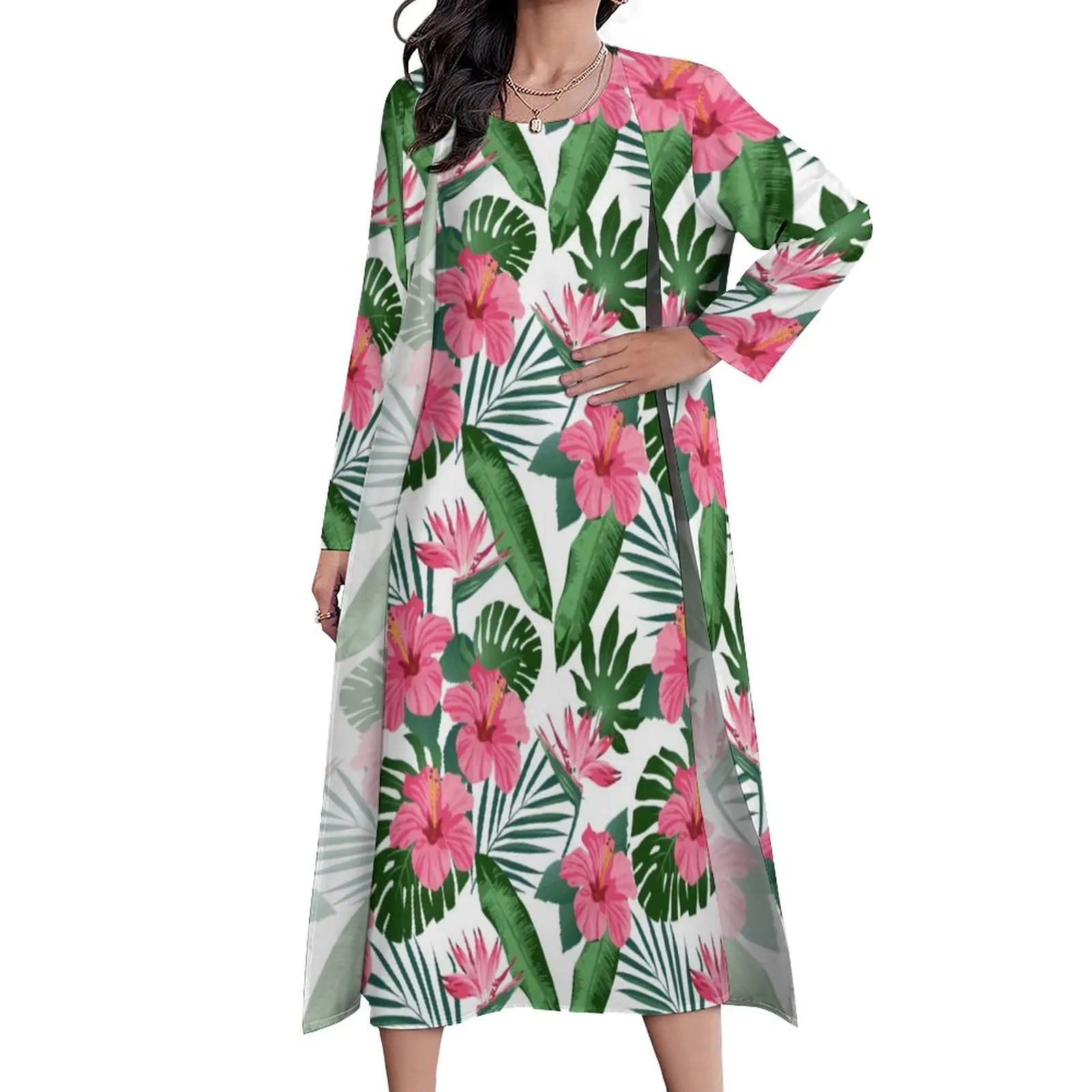 

Женское длинное платье с тропической ладонью, длинное розовое платье в богемном стиле с цветочным узором в виде гибискуса, подарок