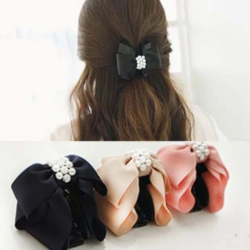 

Double-sided Bow Crab Hair Claw Imitate Pearl Rhinestone Hair Crab Clip Butterfly Elegant Hair Grab Grip Headdress Hairpin New