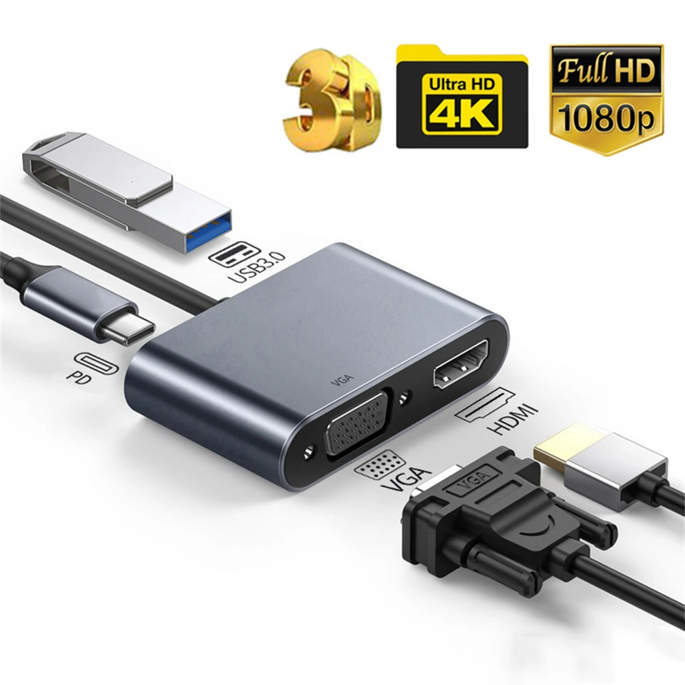 Док-станция 4K Type C на HDMI, 4 в 1, USB 3,0, VGA, PD