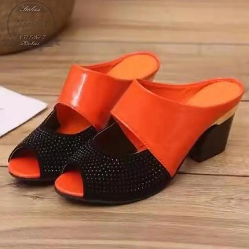 High-heeled Slippers Women's Summer 2021 New Fish Mouth Thick Heels Sandals Patent Leather Rhinestone Wedge  Ayakkab