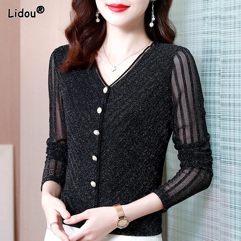 

Office Lady V-neck Solid Color Long Sleeved Slim Blouses Fashion Thin Lace Black Spring Autumn Elegant Shirt Women's Clothing