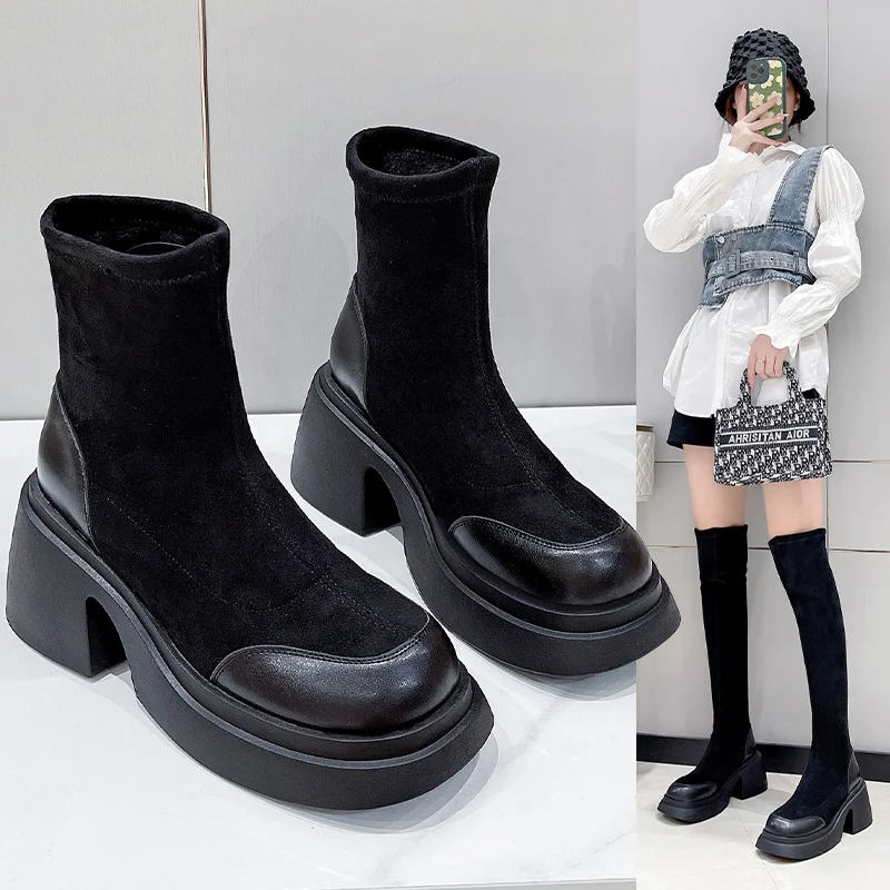 Chelsea Chunky Mid Heels Warm Women Boots Winter Casual Knee High Women Shoes Pumps Platform Motorcycle Long Cotton Botas 2022