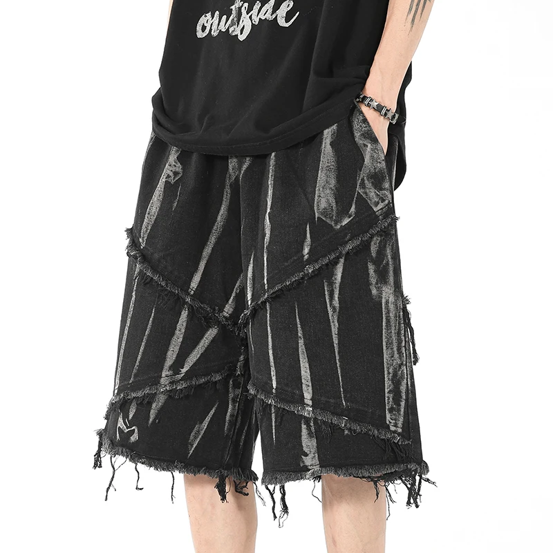 

Retro Streetwear Ripped Cat Whisker Denim Shorts Fashion Tassel Tie Dye Wide Leg Short Jeans Loose Straight Black Pants