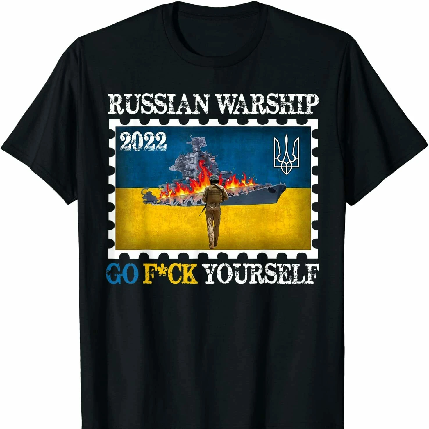 

The Sunken Warship 2022 Ukraine Postage Stamp Flag Pride T Shirt. Short Sleeve 100% Cotton Casual T-shirts Loose Top New