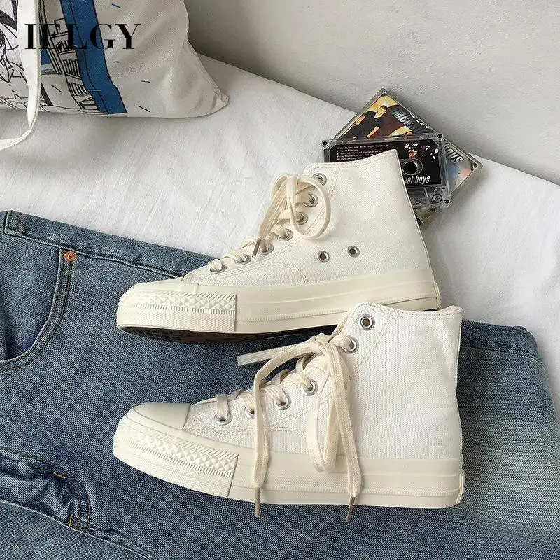 

IELGY solid color all-match breathable high-top canvas shoes women