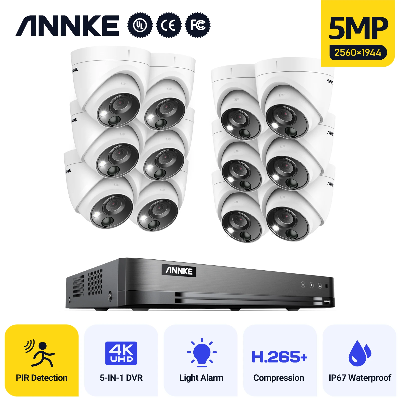 

ANNKE H.265+ 16CH 5MP Super HD Video Security System 8MP DVR With 12PCS 5MP Weatherproof Surveillance Cameras Kits PIR Detection