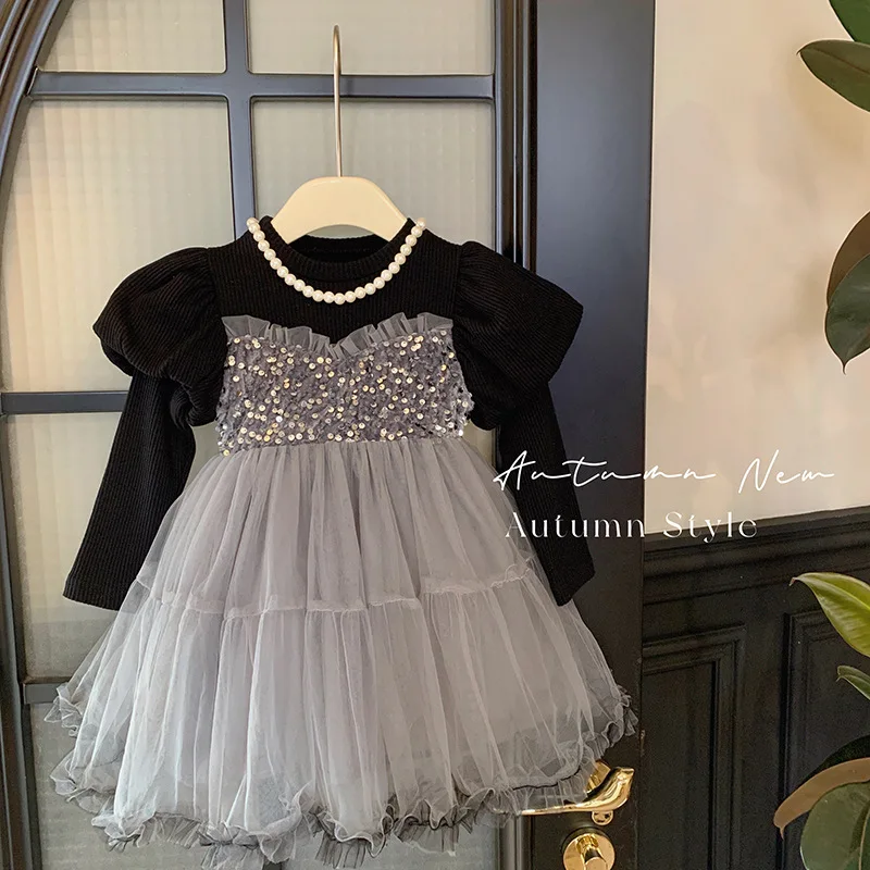 

Children's Clothing Girls' Autumn Dress Children's High Sense Mesh Princess Dress Little Girl's Gray Dress