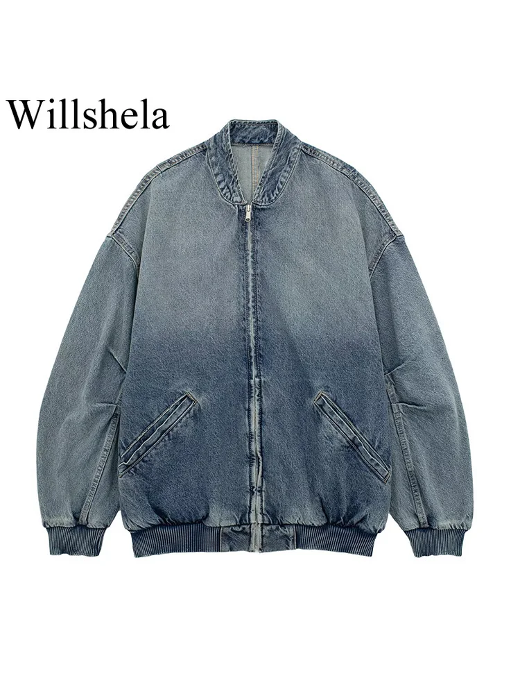

Willshela Women Fashion Denim Blue Front Zipper Bomber Jackets Vintage O-Neck Long Sleeves Female Chic Lady Outfits