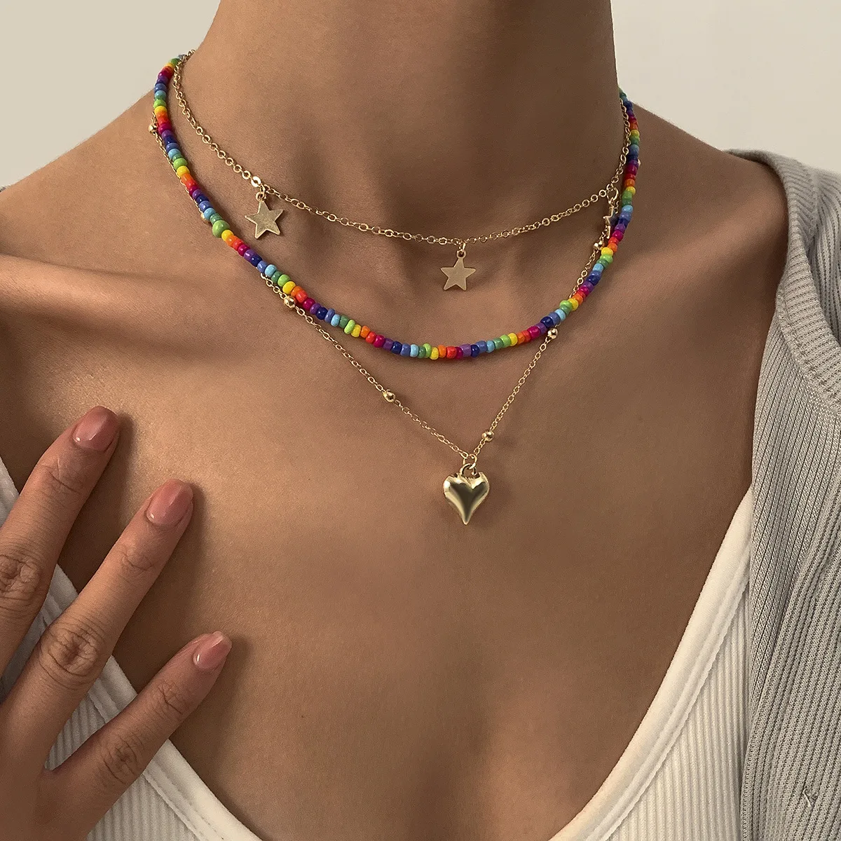 

Multi Layered Bohemian Necklace For Women Heart Pendant Luxury Metal Gold Colorful Seed Bead Chain Choker Fashion Jewelry