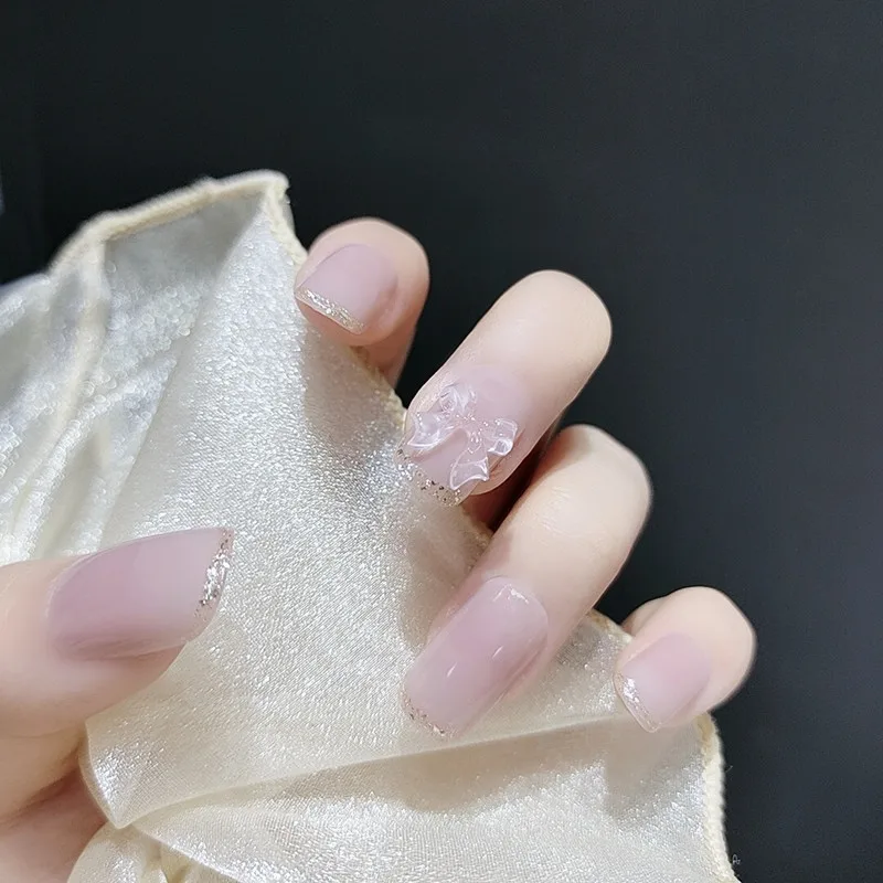 

24Pcs/Box Discolored Fake Nails Press On Nails Short Square Head French Tips Nail Set Press On Nail With 24Pcs Sticker Nail Art