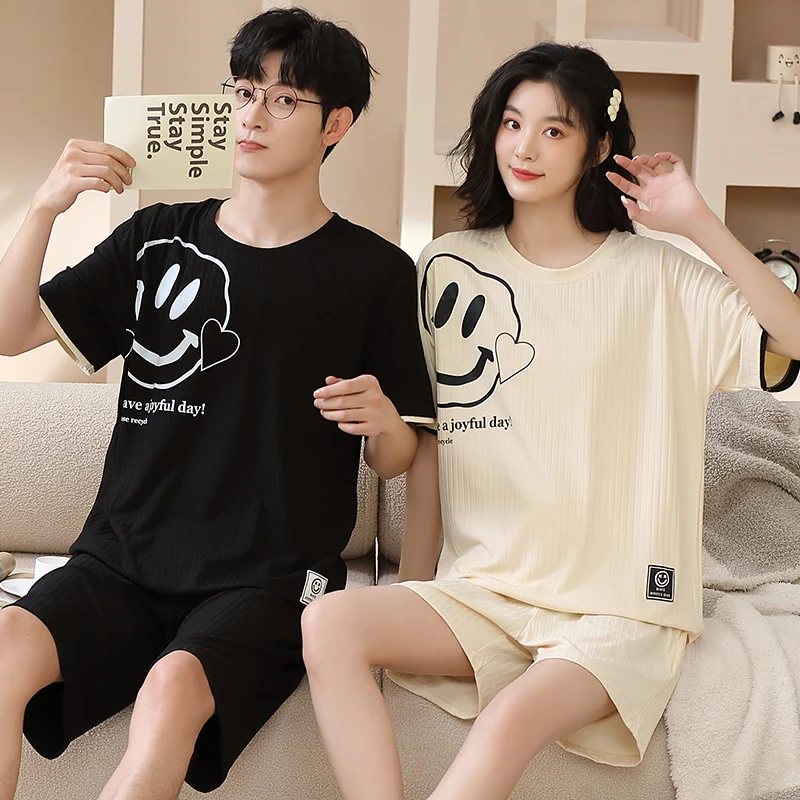 

CAIYIER Summer Couple Pajamas Set Cotton Sweet Smile Women & Men Nightwear Leisure O-Neck Short Sleeve Shorts Sleepwear Homewear