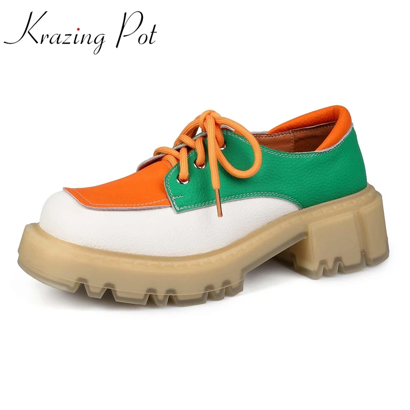 

Туфли Krazing Pot из натуральной кожи с круглым носком, на толстой платформе, брендовая Повседневная Удобная Обувь для молодых девушек, разные цвета, L9f2