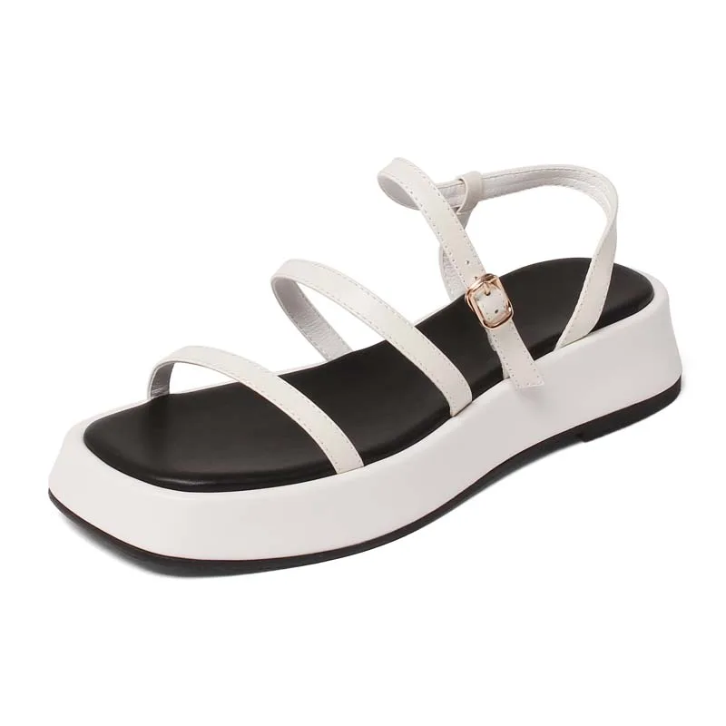 

Genuine Leather Women Platform Cross Tied Sandals New Summer Flat Shoes Beige Apricot Green Buckle Style Open Toe SmallHut Brand