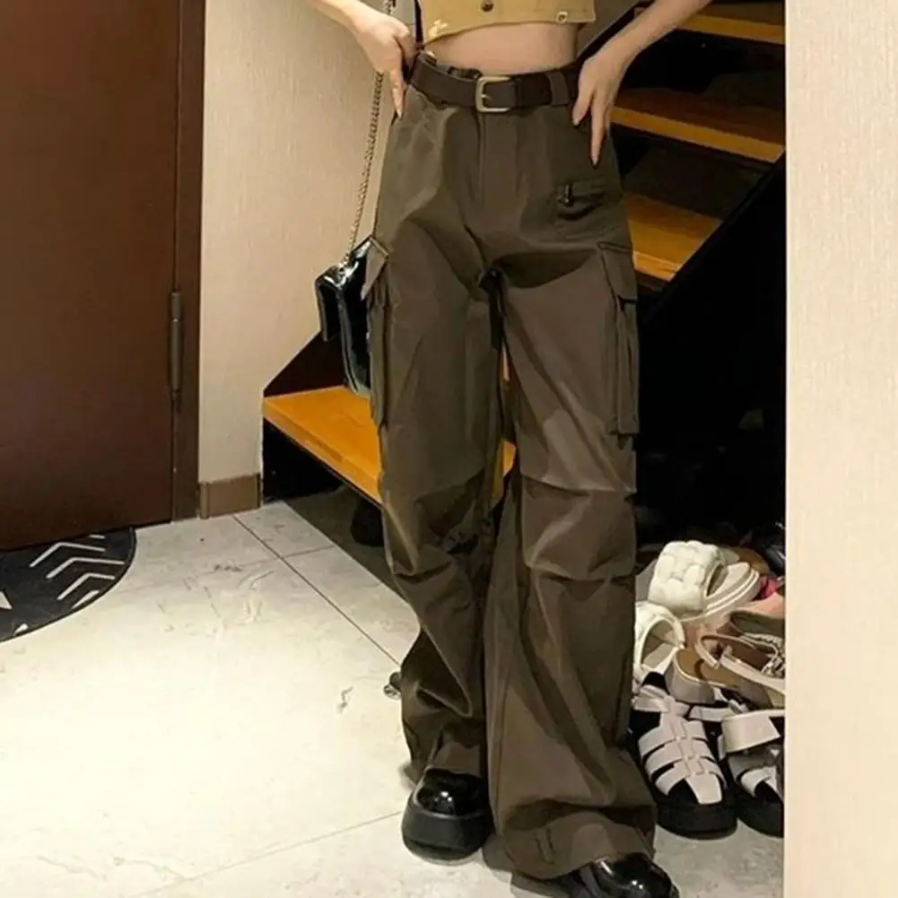 

Cargo Trousers Charming Floor Length High-Waist Solid Color Simple Wide Leg Pants Streetwear Casual Pants Women Trousers